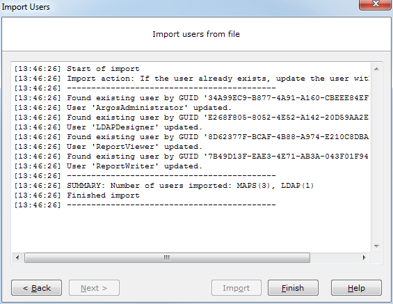 Import log listing actions for each user import.  "Found existing user by GUID' User 'ReportViewer" updated.  Summary: number of users imported: MAPS(3) LDAP(1). Finished Import.